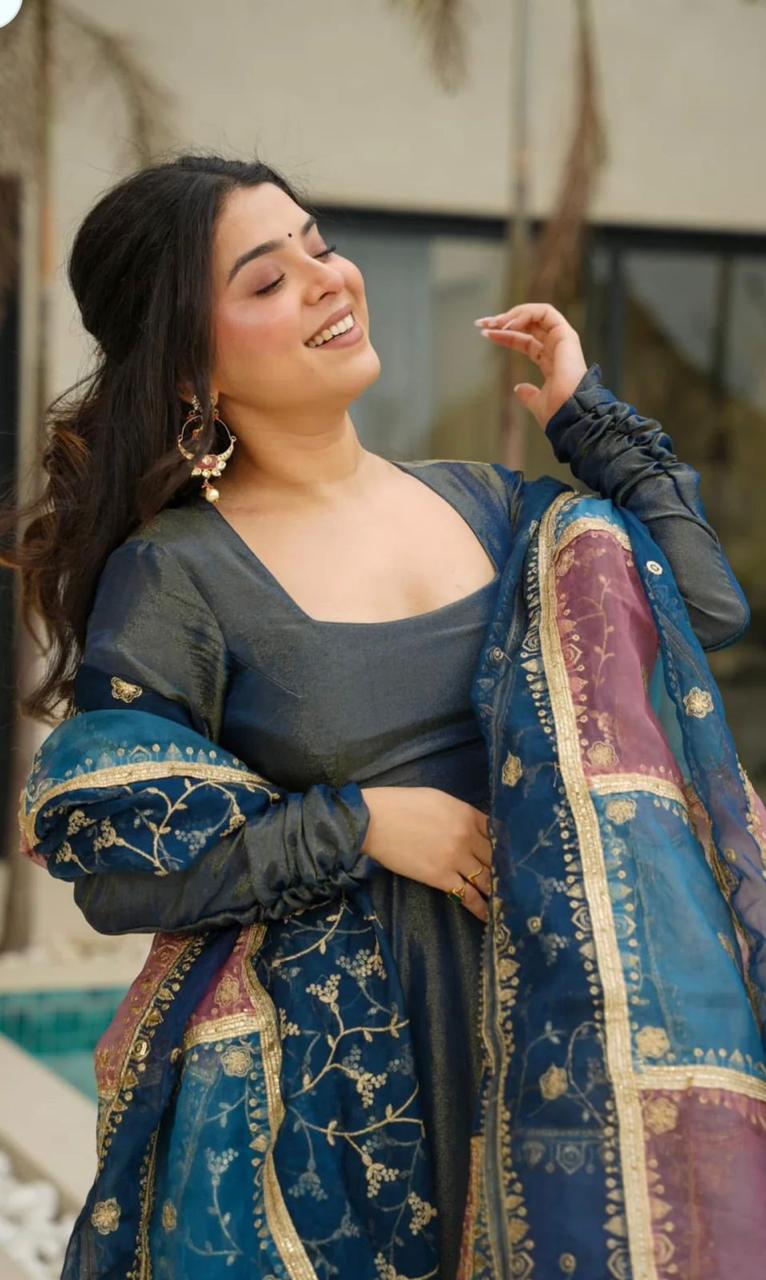 Roman Simmer Silk Anarkali Set with Embroidered Dupatta