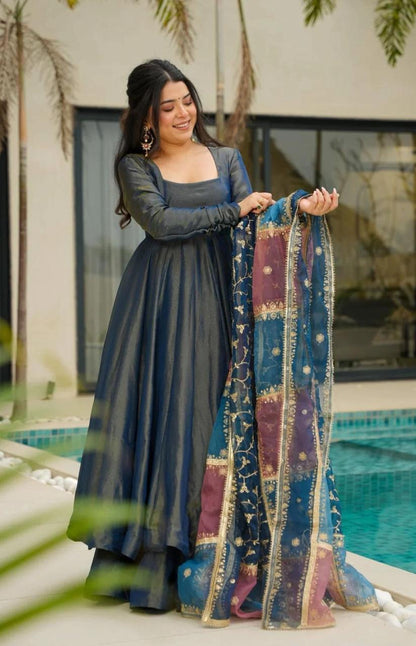 Roman Simmer Silk Anarkali Set with Embroidered Dupatta