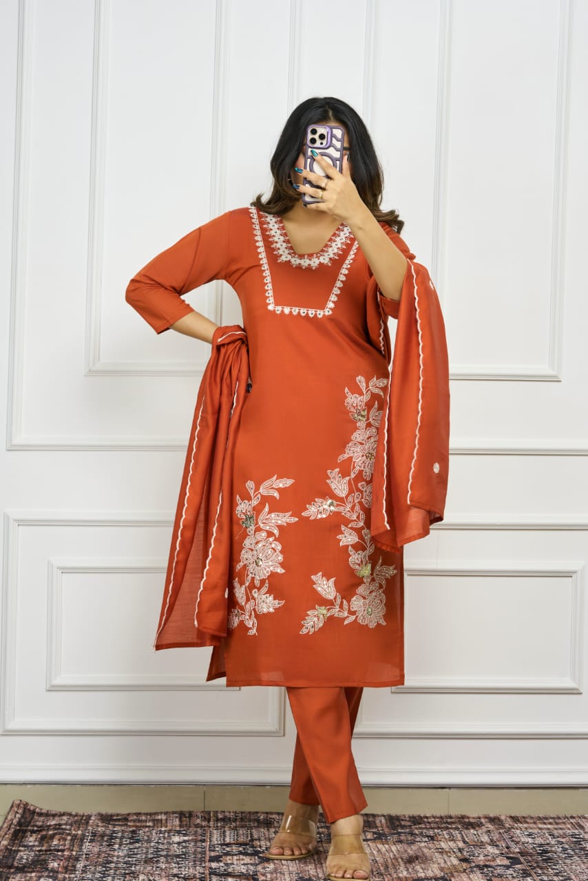 Roman Silk Embroidered Kurti Set with Dupatta
