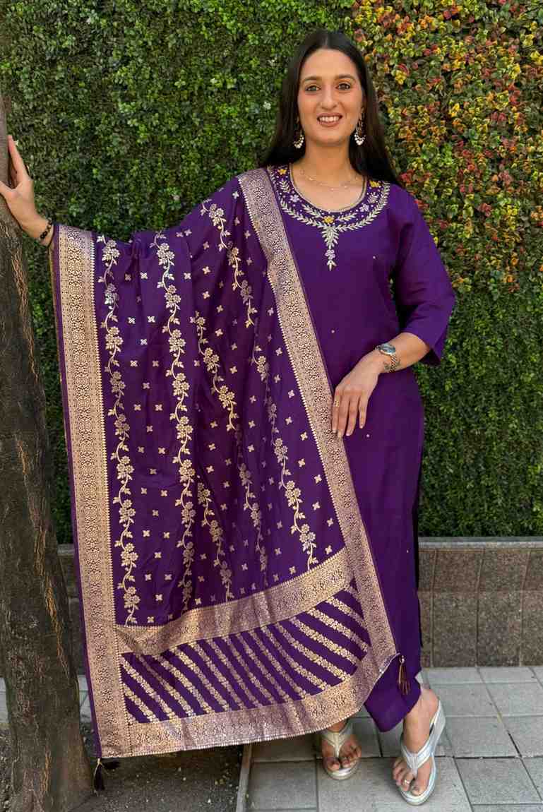 Roman Silk Suit Set with Jacquard Dupatta and Hand Work