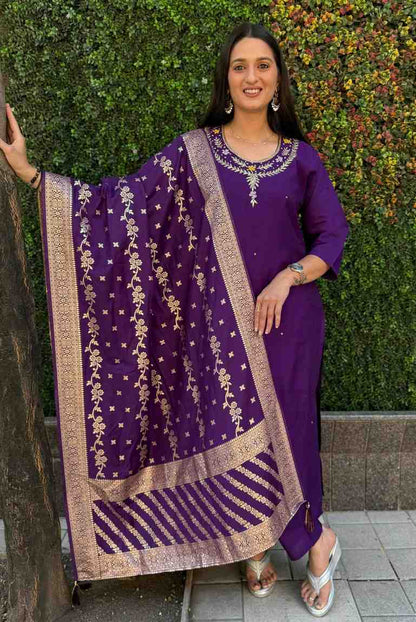 Roman Silk Suit Set with Jacquard Dupatta and Hand Work