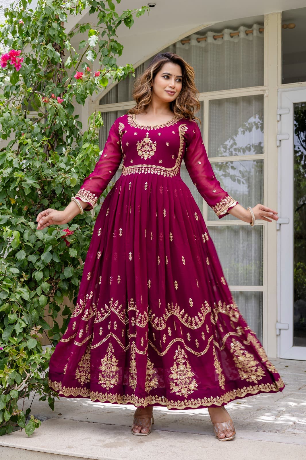Royal Anarkali Dress with Golden Embroidery Work for Women