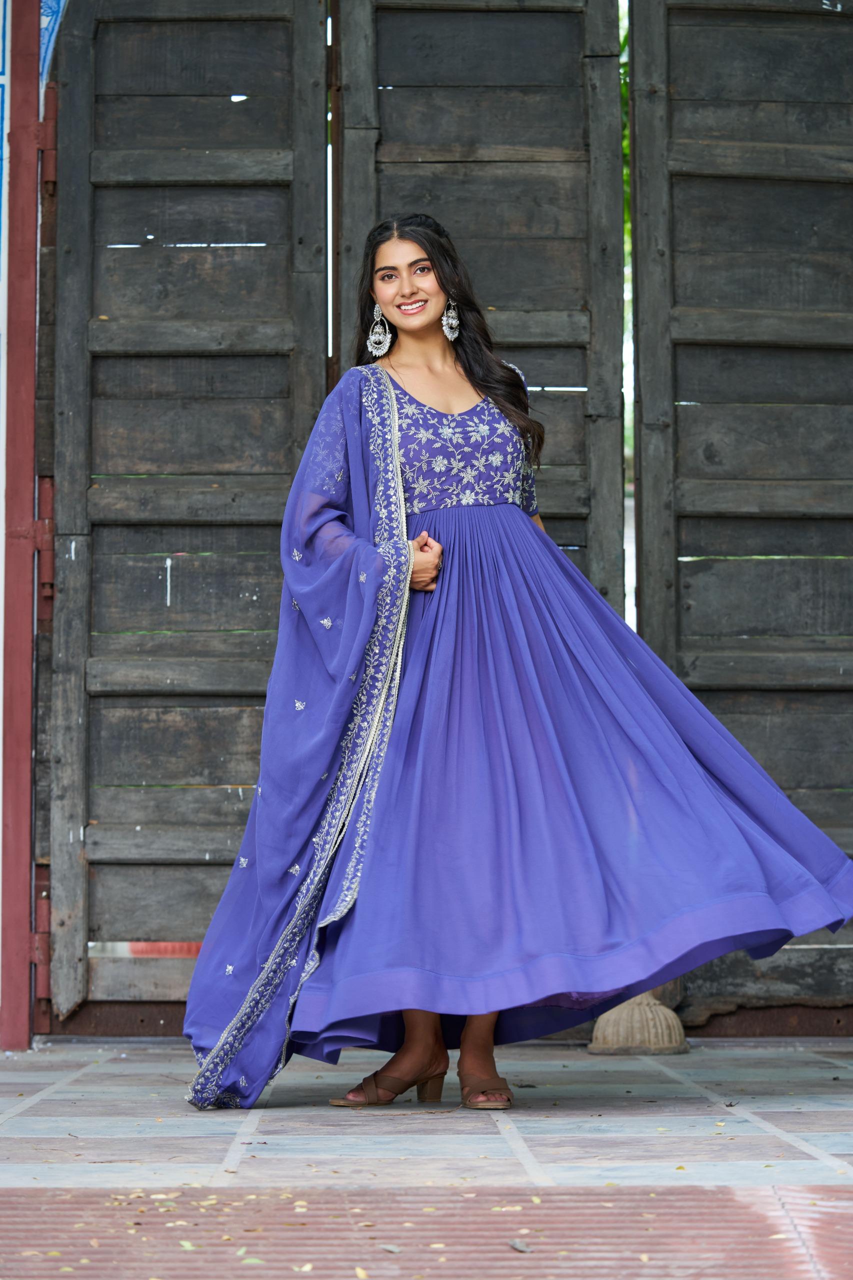 Shop Royal Blue Embroidered Anarkali Gown Set for Women – House of she look