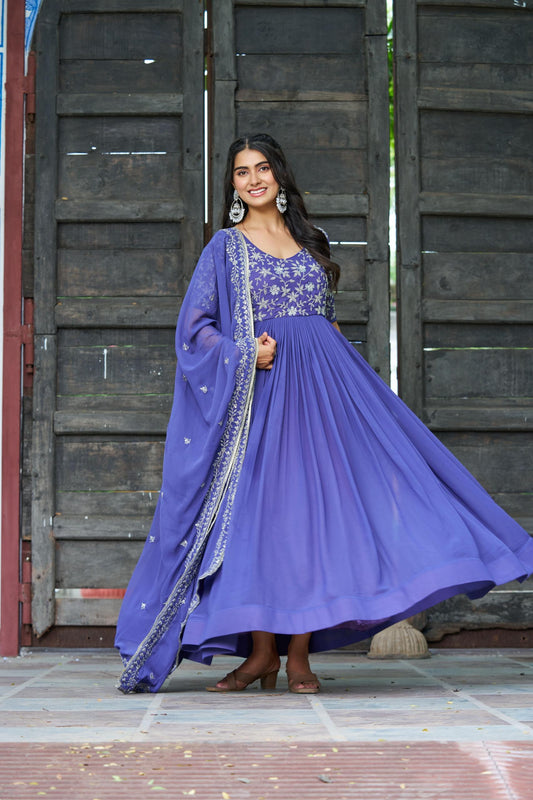 Royal Blue Embroidered Anarkali Gown Set