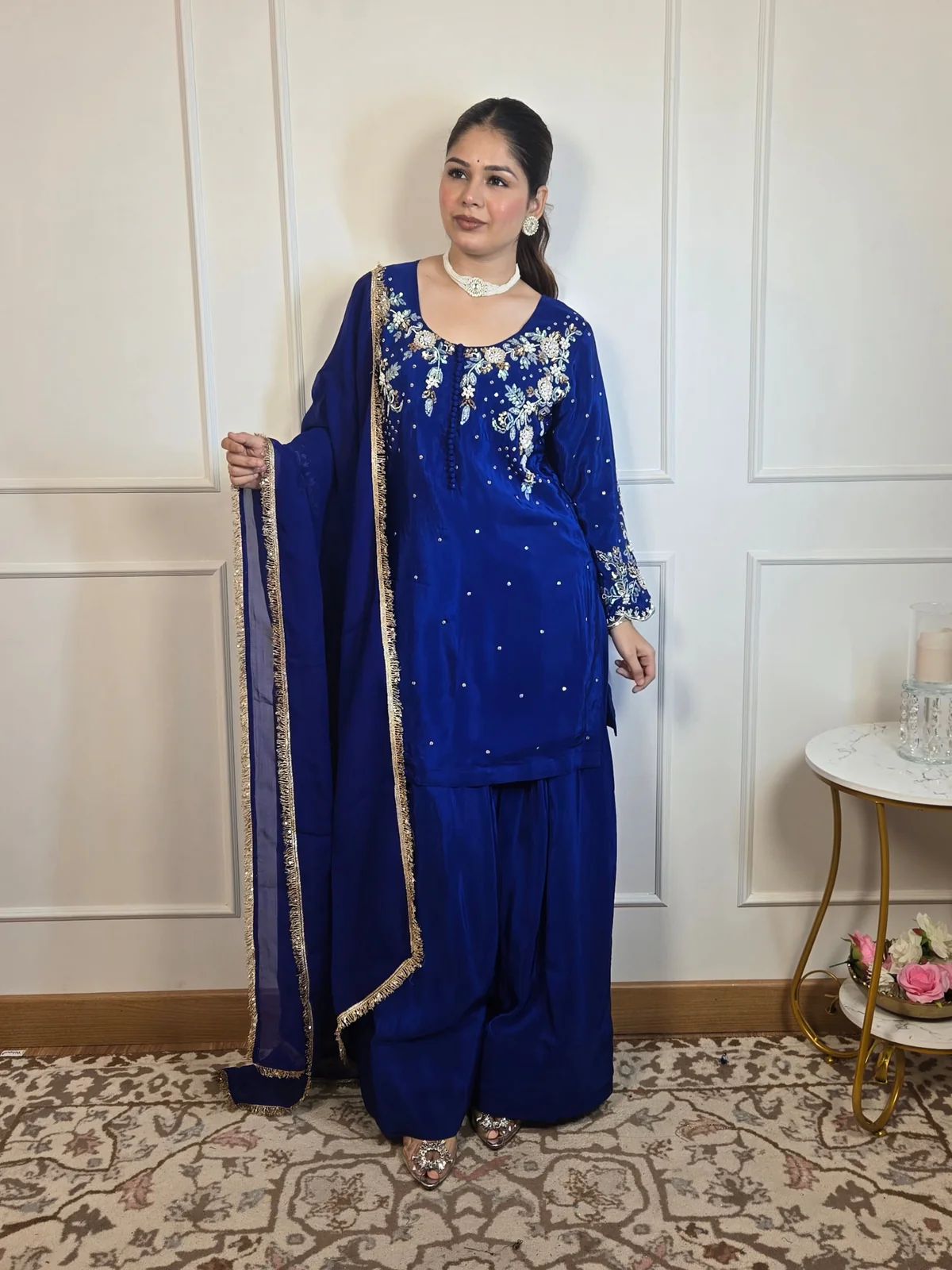 Royal Blue Embroidered Sharara Suit for Festive Wear