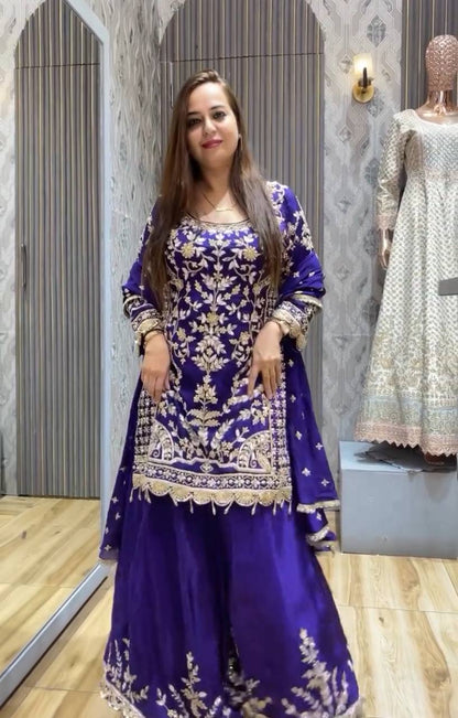 Royal Blue Embroidered Sharara Suit for Festive & Wedding