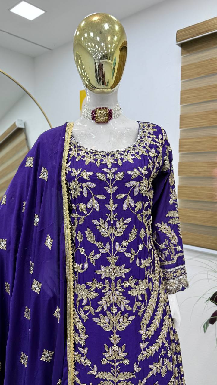 Royal Blue Embroidered Sharara Suit for Festive & Wedding