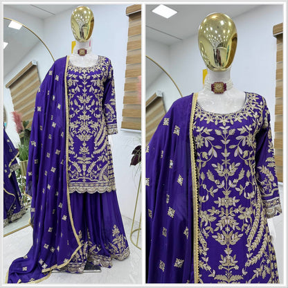 Royal Blue Embroidered Sharara Suit for Festive & Wedding