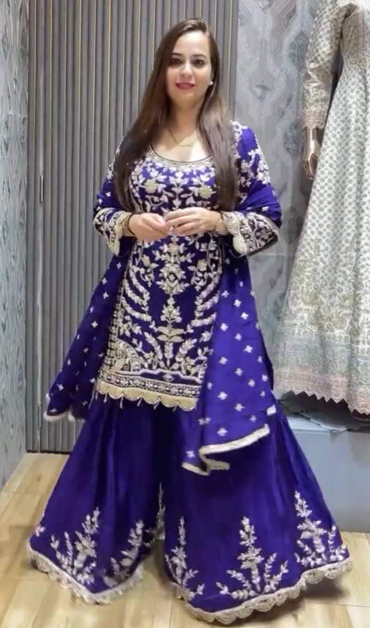 Royal Blue Embroidered Sharara Suit for Festive & Wedding