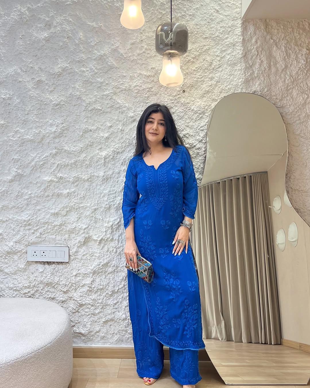 Royal Blue Kurti Set with Elegant Floral Embroidery for Women