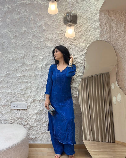 Royal Blue Kurti Set with Elegant Floral Embroidery for Women