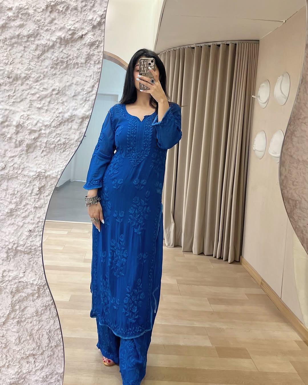 Royal Blue Kurti Set with Elegant Floral Embroidery for Women