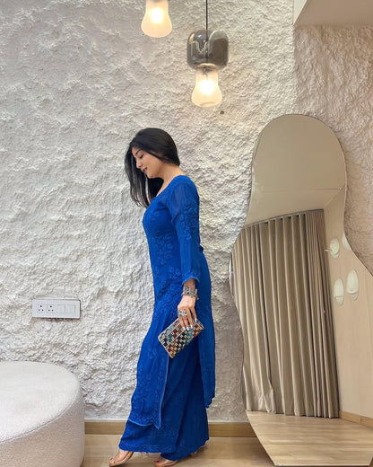 Royal Blue Kurti Set with Elegant Floral Embroidery for Women