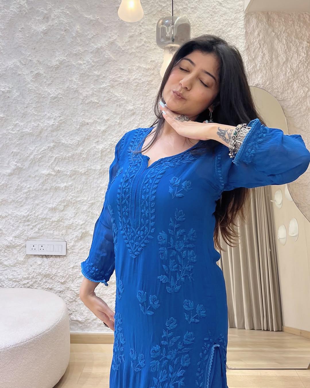 Royal Blue Kurti Set with Elegant Floral Embroidery for Women