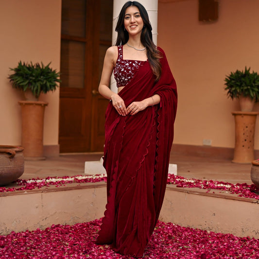 Royal Velvet Saree with Cutwork Border & Embroidered Blouse