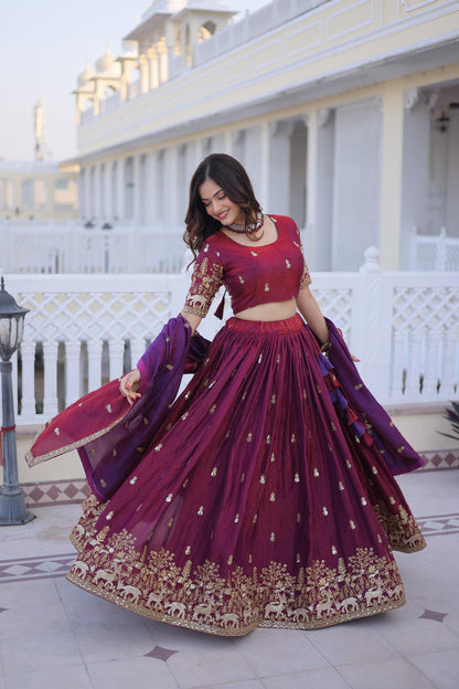 Royal Wine Zari Embroidered Lehenga Set