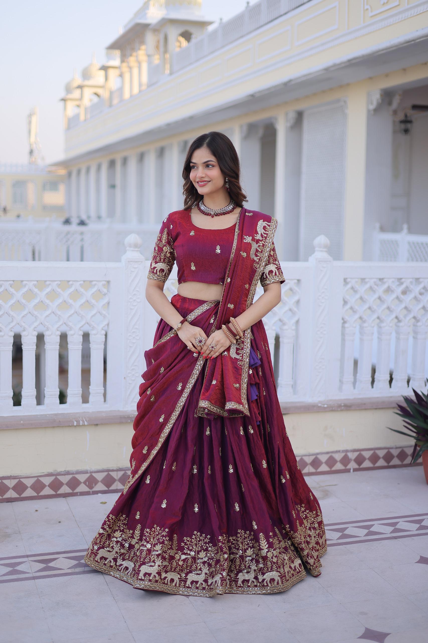 Royal Wine Zari Embroidered Lehenga Set