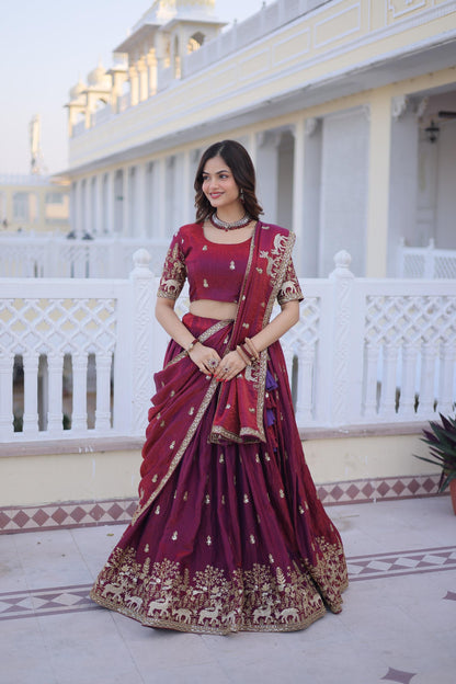 Royal Wine Zari Embroidered Lehenga Set