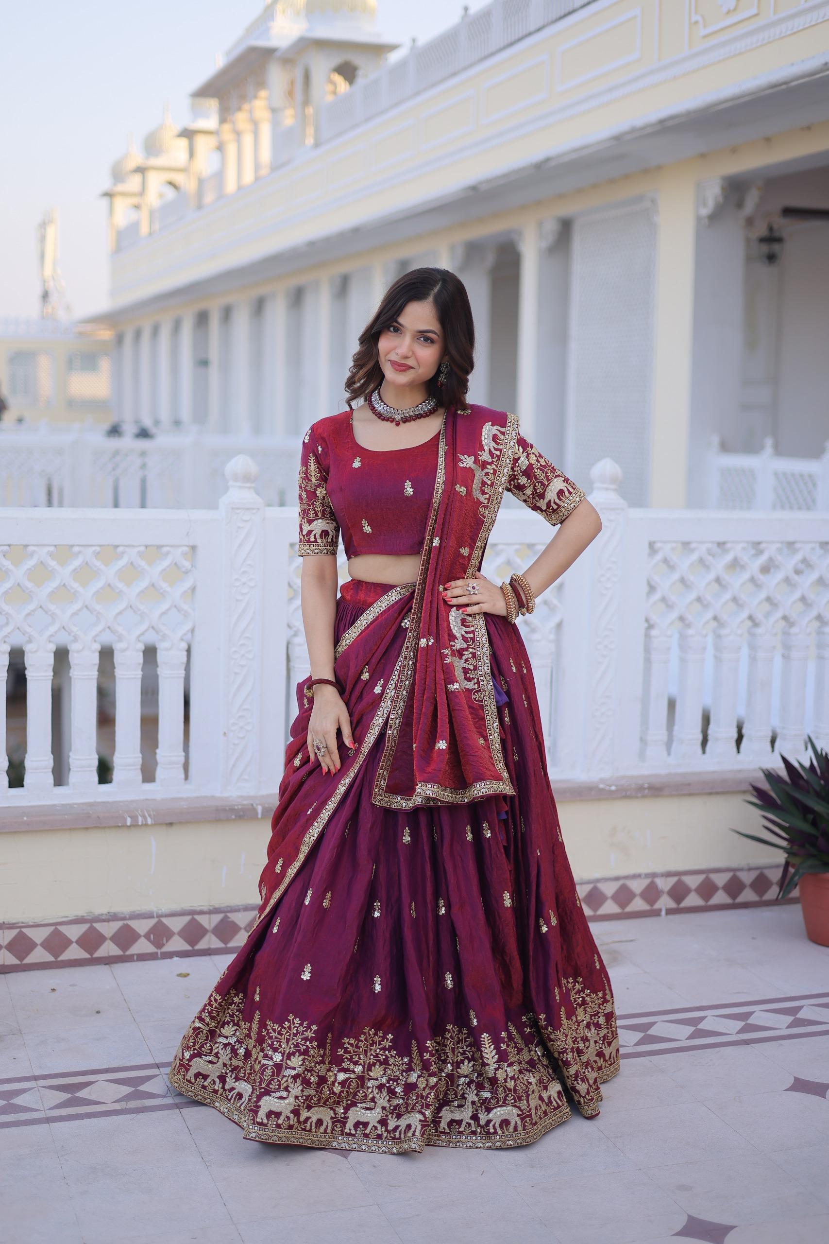 Royal Wine Zari Embroidered Lehenga Set
