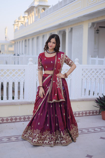 Royal Wine Zari Embroidered Lehenga Set