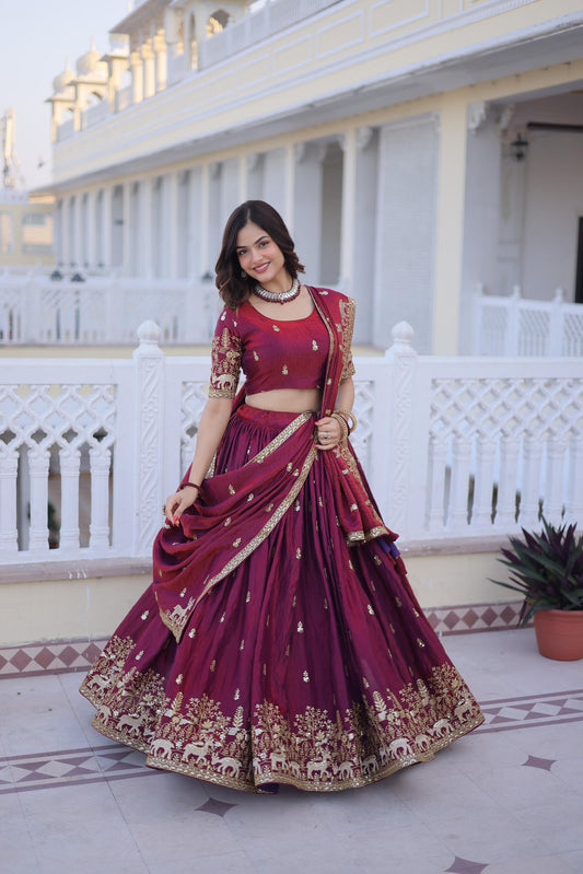Royal Wine Zari Embroidered Lehenga Set