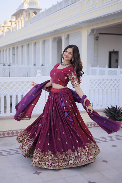 Royal Wine Zari Embroidered Lehenga Set