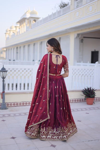 Royal Wine Zari Embroidered Lehenga Set