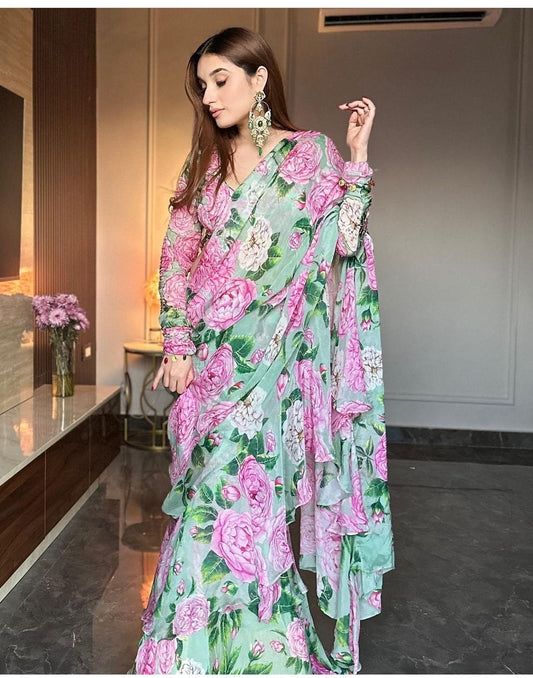 Ruffled Floral Printed Saree for Elegant Occasions