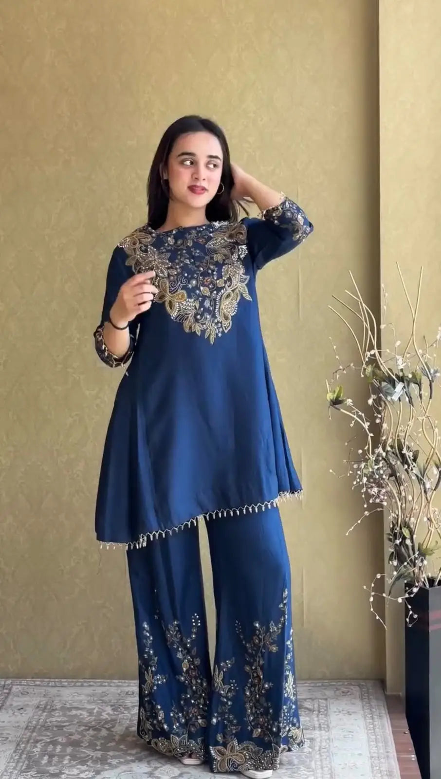 Semi Beads Embroidered Kurti Plazzo