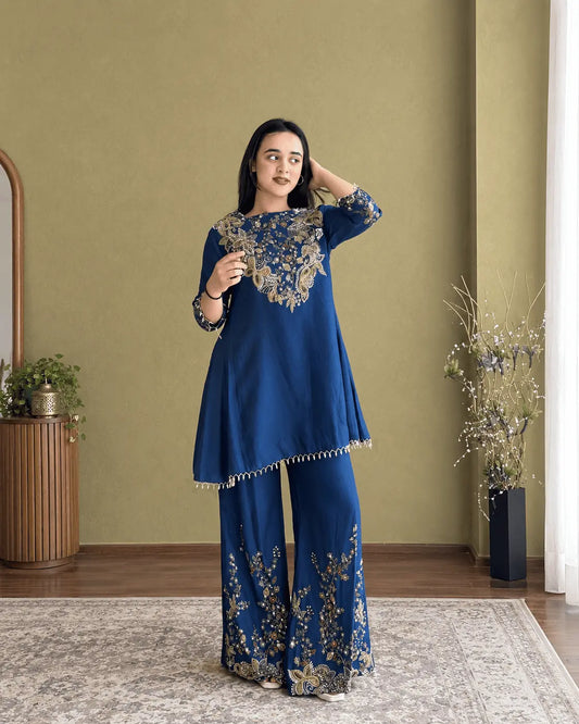 Semi Beads Embroidered Kurti Plazzo