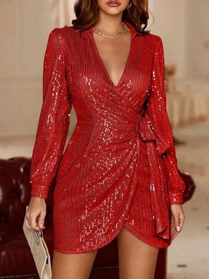 Sequin Wrap Mini Dress with Long Sleeves | Party & Evening Wear