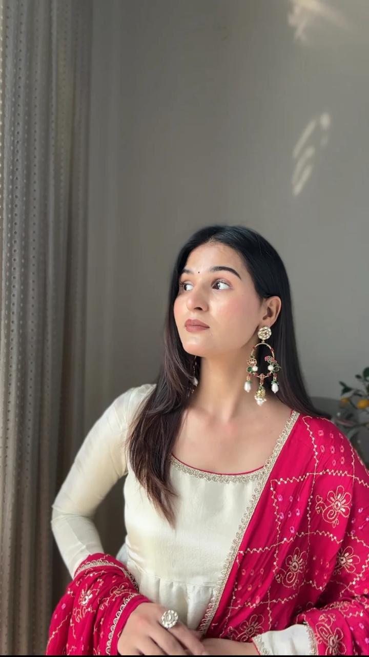 Shiny White Anarkali Suit for Wedding Party