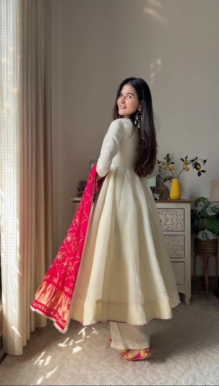 Shiny White Anarkali Suit for Wedding Party