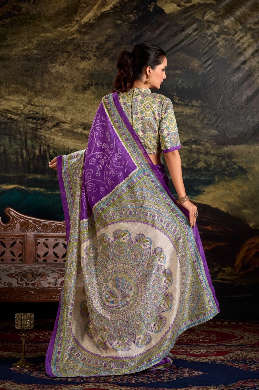 Silk Saree with Madhubani and Bandhej Fusion Print