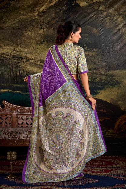 Silk Saree with Madhubani and Bandhej Fusion Print