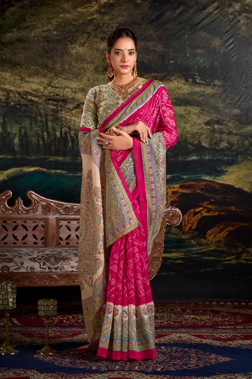 Silk Saree with Madhubani and Bandhej Fusion Print