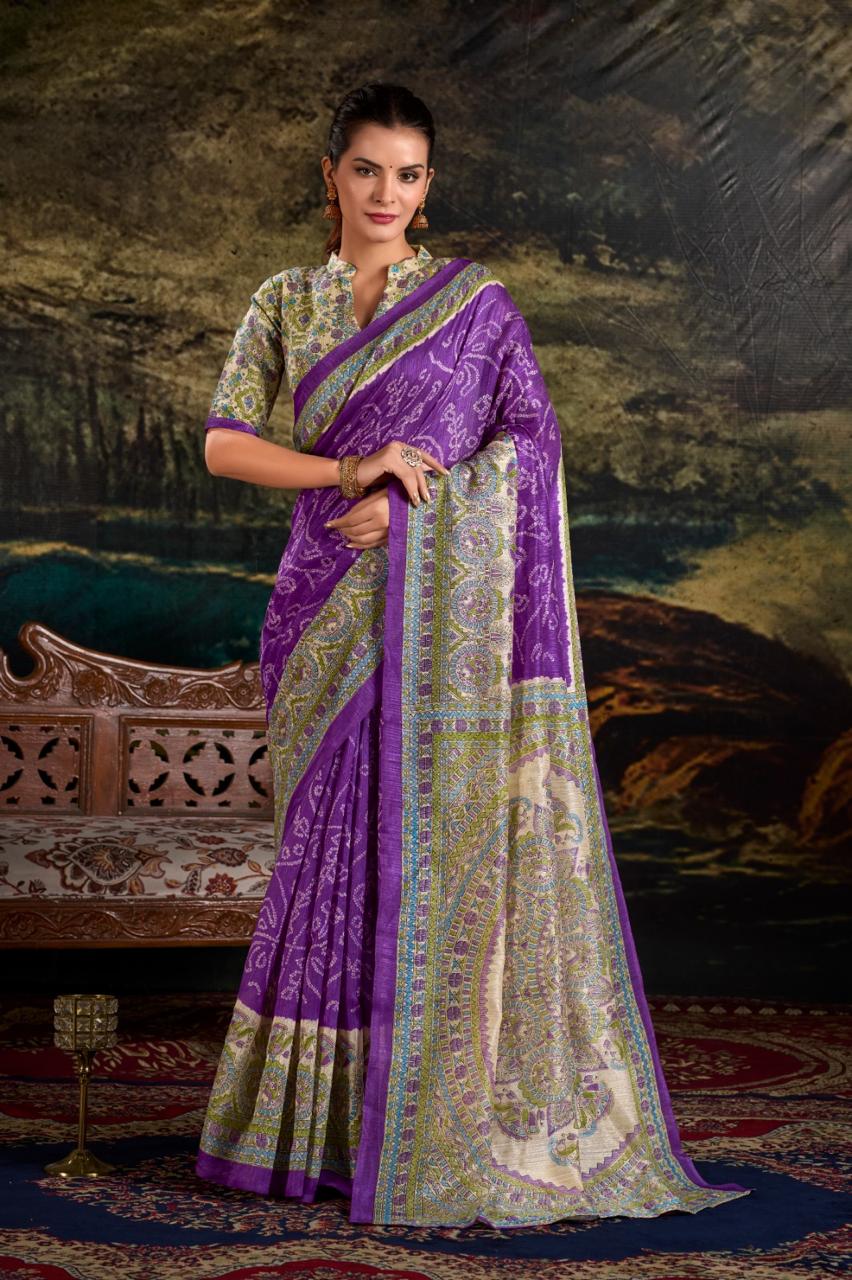 Silk Saree with Madhubani and Bandhej Fusion Print