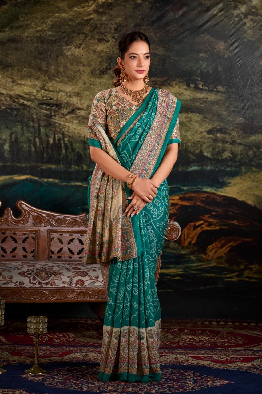 Silk Saree with Madhubani and Bandhej Fusion Print