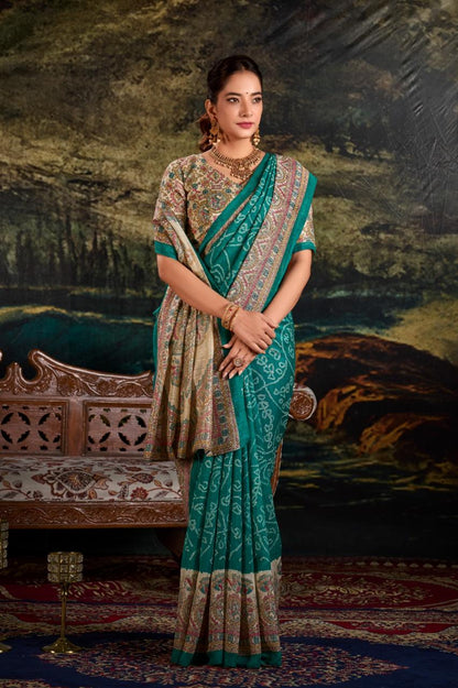 Silk Saree with Madhubani and Bandhej Fusion Print