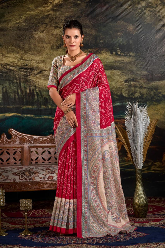 Silk Saree with Madhubani and Bandhej Fusion Print