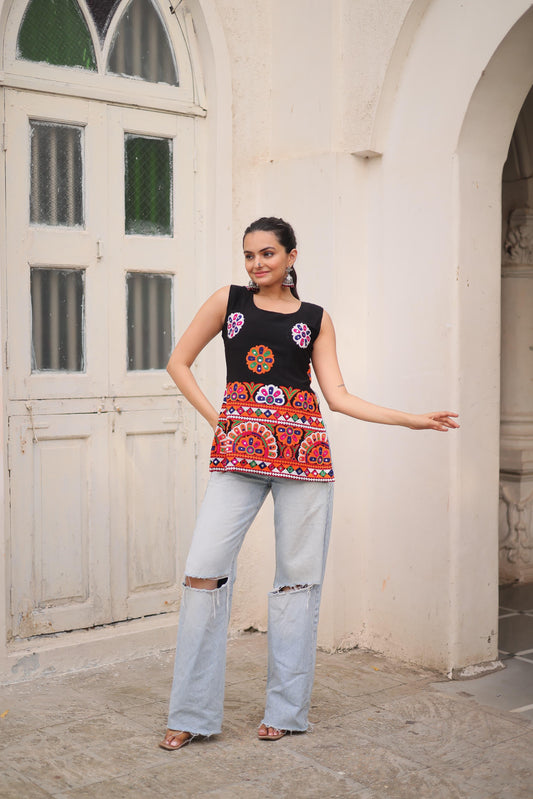 Sleeveless Black Kurti  Traditional Kutchi Work