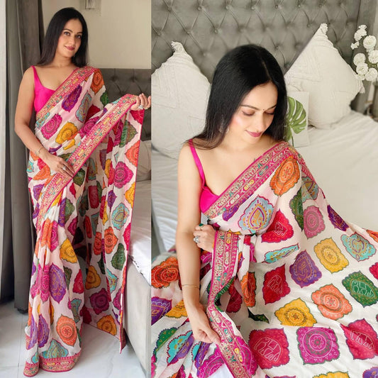 Soft Georgette Bandhej Saree with Embroidery Border