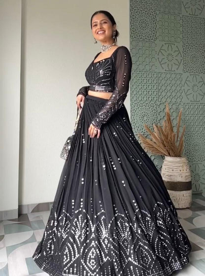 Stunning Black Mirror Work Lehenga with Sheer Sleeves