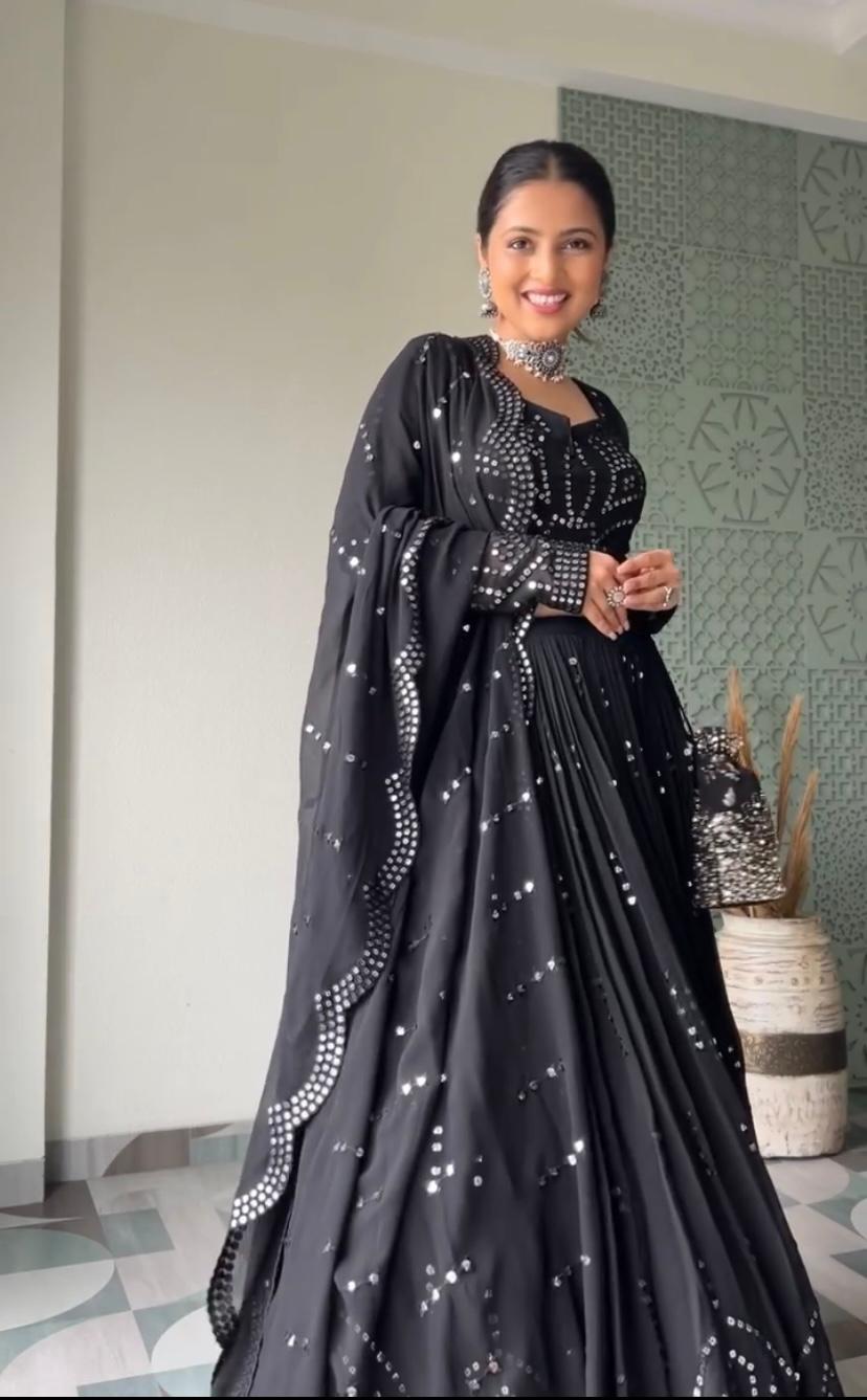 Stunning Black Mirror Work Lehenga with Sheer Sleeves