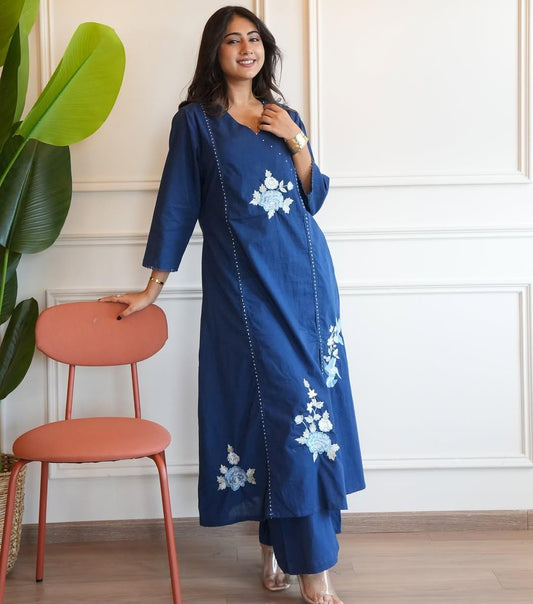 Stylish Blue Co-Ord Set with Creamy Pearl Mala