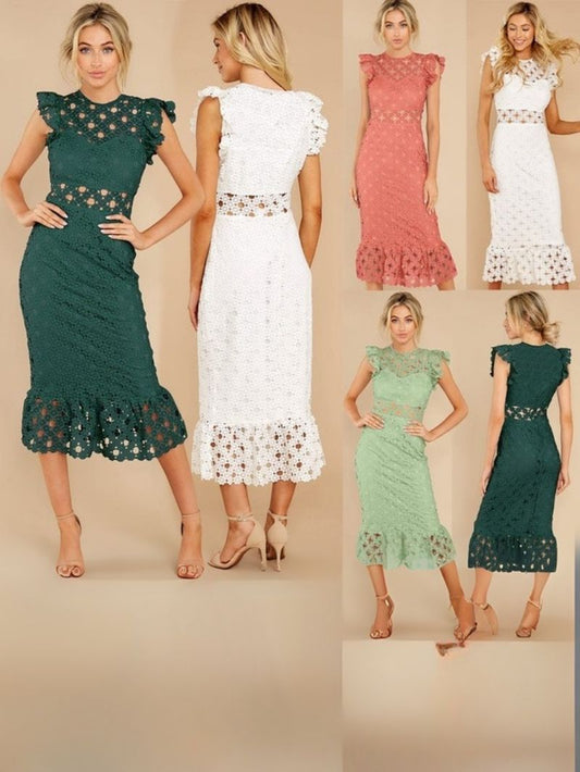 Grid of women wearing various lace dresses in different colors on a beige background