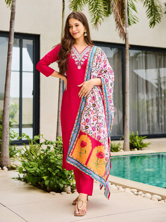 Stylish Pink Kurti with Embroidery & Printed Dupatta