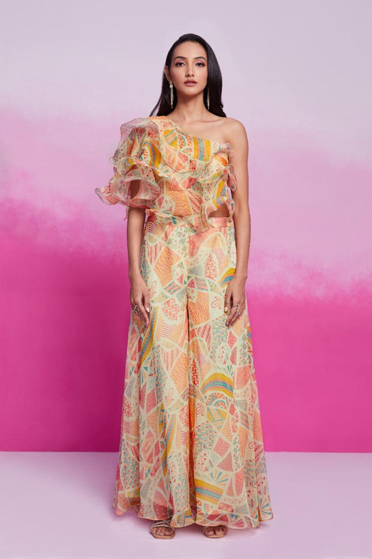 Stylish Ruffle Organza Top with Palazzo Pant Set