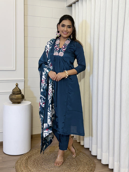 Stylish Navy Blue Embroidered Kurta Set with Printed Dupatta