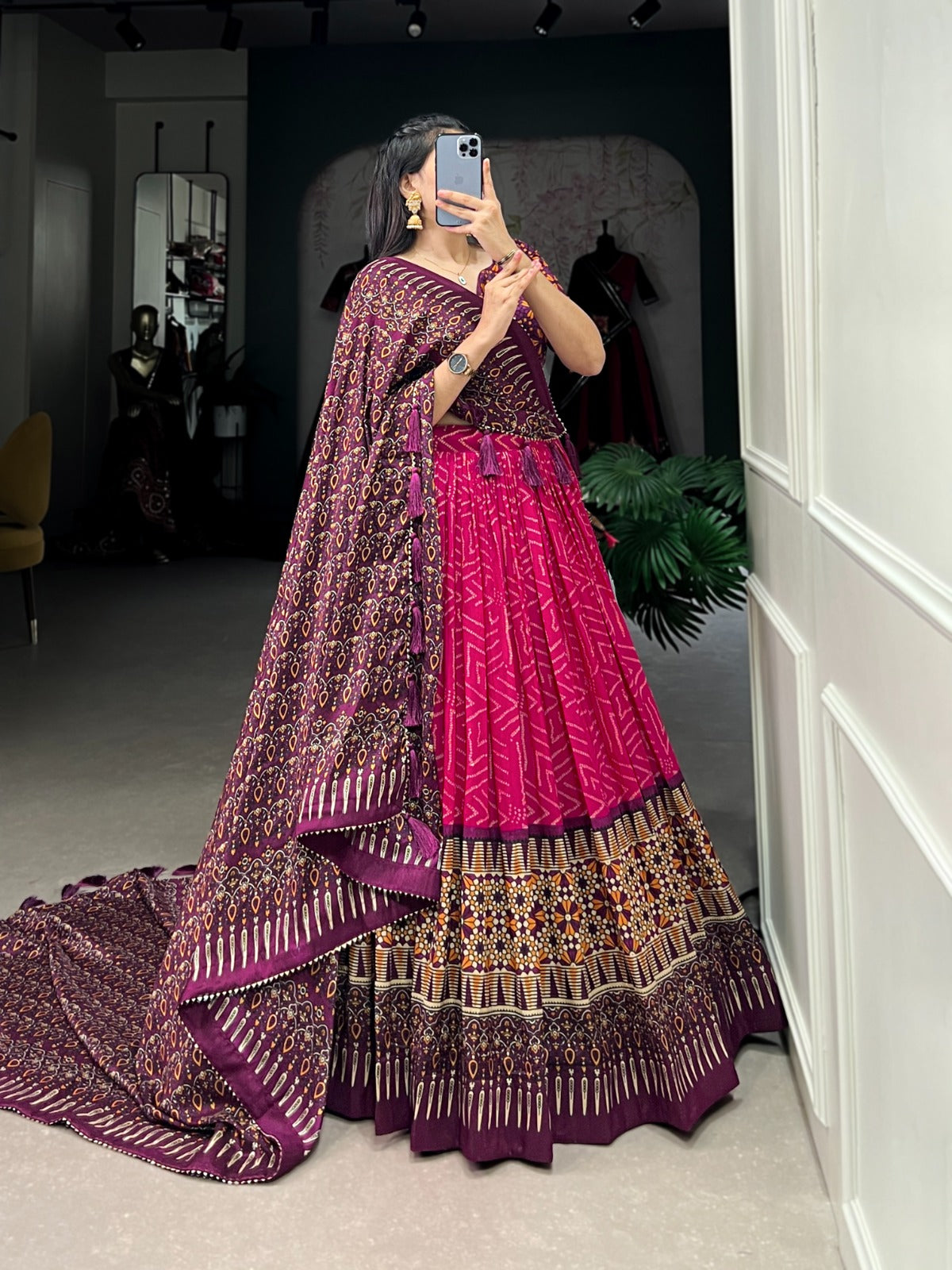 Tasar Silk Lehenga Choli with Bandhej and Ajarakh Print